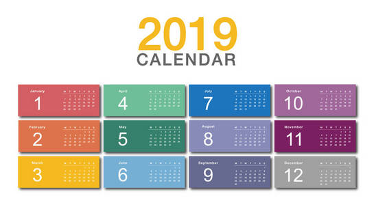 彩色日历年2019矢量设计模板，设计简洁干净。2019年日历，白色背景，用于组织和业务。星期一开始。简单向量模板。爱普生10。