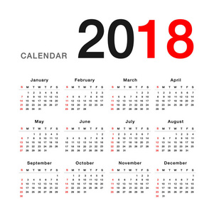 日历年2018年矢量设计模板简单干净设计。 组织和业务的白色背景2018年日历。 星期一开始。 简单的矢量模板。 eps10。