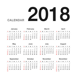日历年2018年矢量设计模板简单干净设计。 组织和业务的白色背景2018年日历。 星期一开始。 简单的矢量模板。 eps10。