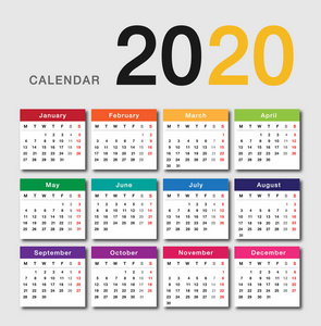 彩色日历年2020矢量设计模板简单干净设计。 2020年组织和业务白色背景日历。 星期一开始。 简单的矢量模板。 eps10。
