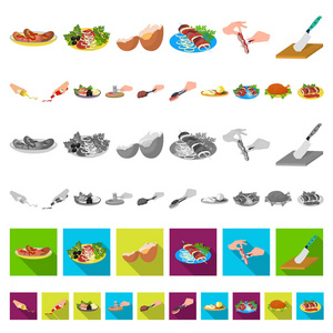 烹饪食品卡通图标集的设计。厨房设备和工具矢量符号库存 web 插图