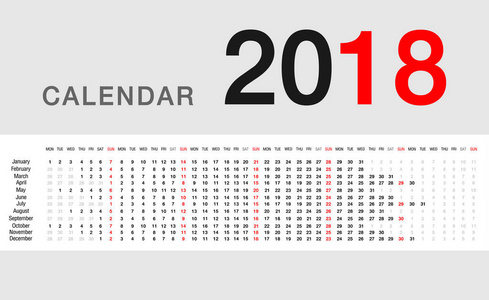 五颜六色的日历年2018年矢量设计模板简单干净的设计。 组织和业务的白色背景2018年日历。 星期一开始。 简单的矢量模板。 e