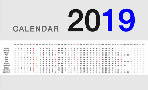 丰富多彩的日历年2019年矢量设计模板简单干净的设计。 组织和业务的白色背景下2019年日历。 星期一开始。 简单的矢量模板。 