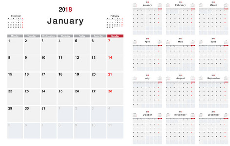 日历年2018年水平矢量设计模板简单干净设计。 组织和业务的白色背景2018年日历。 星期一开始。 简单的矢量模板。 eps10