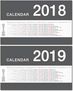 2018年和2019年日历矢量设计模板简单清洁设计。 2018年和2019年组织和业务的白色背景日历。 星期一开始。 矢量模板