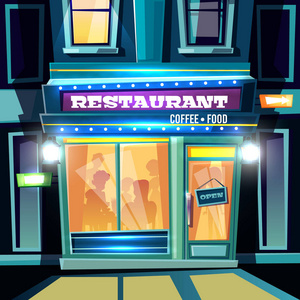 城市餐厅外观在晚上动画片向量