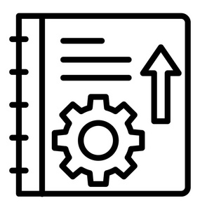 向上箭头在笔记本上的齿轮是项目规划的概念图标