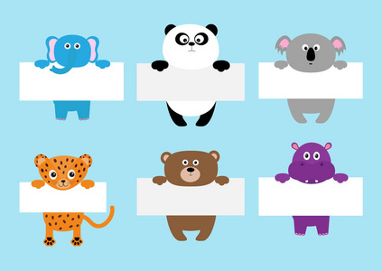 美洲虎猫象，熊猫，考拉熊，河马，挂在纸板模板上。 可爱的卡通滑稽角色。 卡瓦伊动物。 婴儿卡。 平面设计。 蓝色背景孤立矢量插图