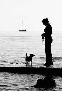 剪影的女孩与她的狗在沙滩上船帆船在背景