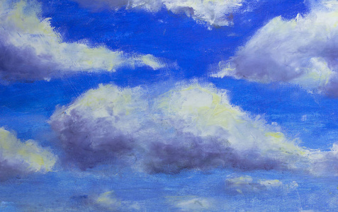 原油画，当代风格，用调色板刀在拉伸的画布上，在蓝天上刷上美丽的云彩