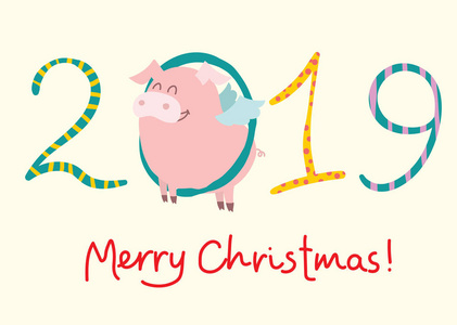 黄猪年象征的矢量插图与圣诞问候