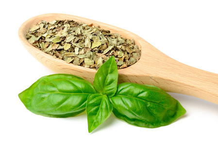 干燥的罗勒叶在木制勺子中分离在白色背景上照片