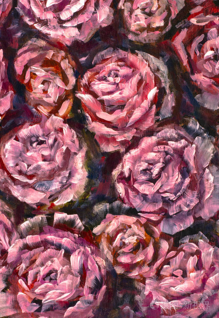 画花画布背景油画特写花大红紫罗兰花玫瑰牡丹特写宏观在画布上现代