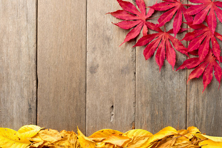 秋季落叶背景在木板上俯视