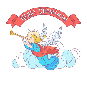 矢量明信片插图. 天使吹号. 孤立在白色背景上.照片