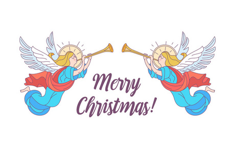 矢量明信片插图. 天使吹号. 孤立在白色背景上.照片