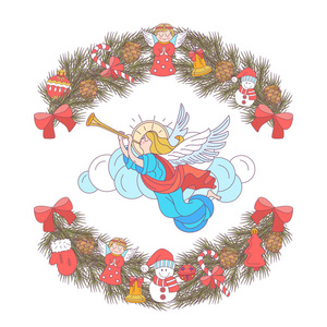 圣诞快乐。 矢量明信片插图。 天使吹喇叭。 装饰着圣诞装饰品的杉树枝花环。 孤立在白色背景上。