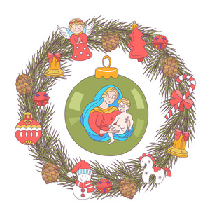 圣诞快乐。 矢量圣诞卡。 冷杉花环装饰圣诞装饰品，天使球锥铃铛。 圣母玛利亚抱着婴儿耶稣。