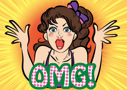 复古卡通流行艺术女孩omg/矢量材料手工插图漫画风格.海报卡和广告.