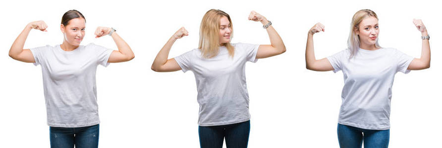 拼贴的一群年轻妇女穿着白色T恤在孤立的背景上，露出手臂肌肉微笑自豪。 健身理念。