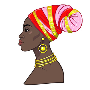 动画肖像的年轻美丽的非洲妇女在头巾。 侧写视图。 彩色绘图。 在白色背景上隔离的矢量插图。 打印海报T恤卡。