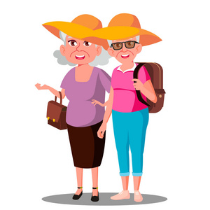 两个老女人的朋友在帽子 Enjoing 假期向量。孤立插图