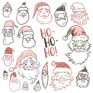 有趣的涂鸦圣诞老人面对节日图标收集。 何浩刻字。