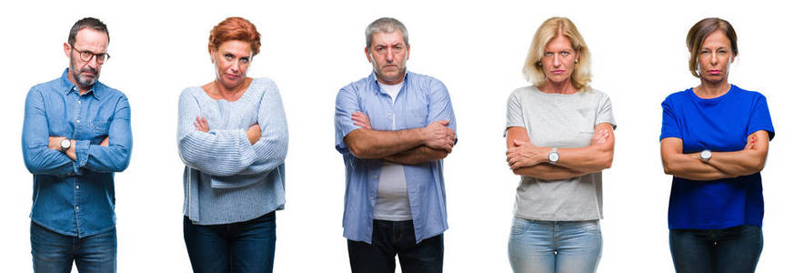 拼贴的中年和老年人超过孤立的背景怀疑和紧张的不赞成的表情在脸上