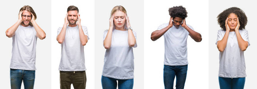 一群穿白色T恤的年轻人在孤立的背景上拼贴，手在头上因为压力而疼痛。 偏头痛。