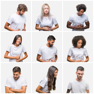 一群穿着休闲白色T恤的人在孤立的背景上拼贴，手放在肚子上，因为恶心疼痛疾病感觉不适。 疼痛的概念。
