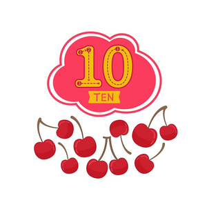 学习号码的卡片. 10号. 卡通樱桃.照片