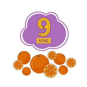 学习号码的卡片. 数字9.卡通橘子.照片