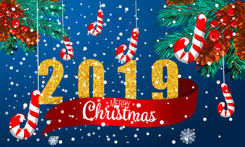 圣诞卡带杉木树枝, 2019, 红丝带和雪。矢量纸例证
