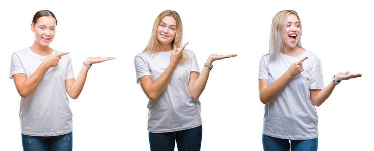拼贴的一群年轻妇女穿着白色T恤在孤立的背景上惊讶和微笑的相机，同时呈现手和手指。