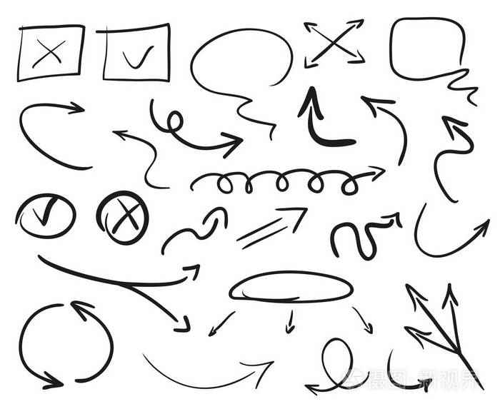 隔离背景上的信息元素. 白色箭头的集合. 用于设计的荧光笔. 手绘简单