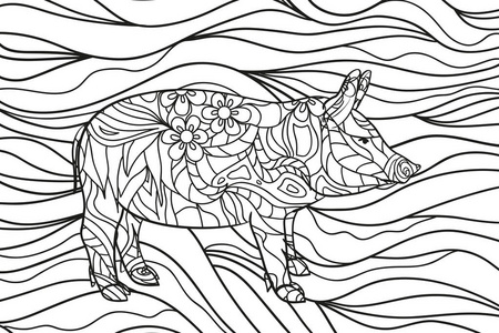 猪. 挥动背景与动物. 手绘的装饰品在白色上. 抽象的纠结图案.