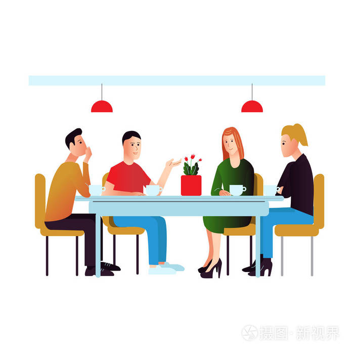 关于与朋友见面的矢量插图以平面风格的海报或网站在咖啡馆或餐馆里的