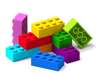 开始从彩虹彩色积木玩具积木3D隔离在白色背景