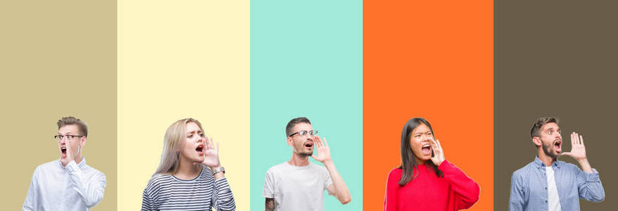 一群年轻人在五颜六色的孤立背景上大声喊叫,并大声尖叫,手在嘴上.