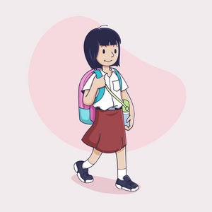 小女孩卡通插图，回到学校