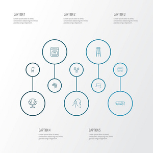 家具图标线条风格设置与壁灯, 空调, 长凳和其他帆布元素。独立的矢量插图家具图标