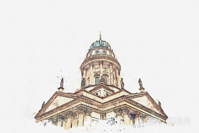 水彩素描或插图.法国大教堂或 franzoesischer dom 在柏林, 德国