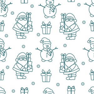 新年快乐2019和圣诞节无缝图案。 矢量插图与圣诞老人雪人礼物。 包装织物印花的设计。