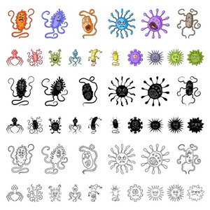 类型的有趣的微生物卡通图标集集合中的设计。微生物病原体载体标志物网插图