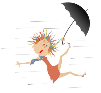 卡通片中受惊的女人带着雨伞随风飘散在白色插图上照片