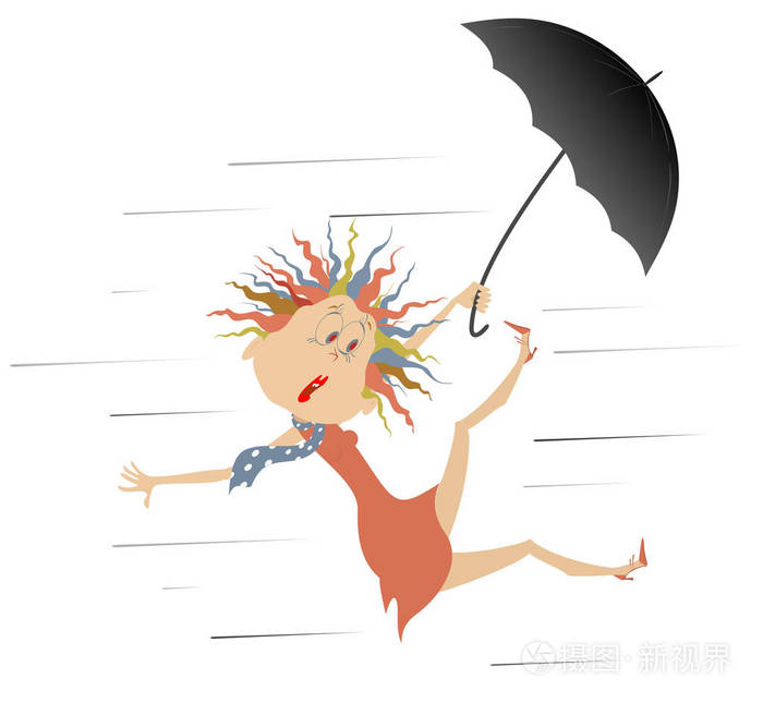 大风雨和女人带伞插图. 卡通片中受惊的女人带着雨伞随风飘散在白色插