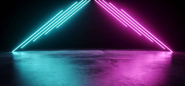空旷的现代科幻小说未来黑暗的房间与反射Grunge混凝土地板和蓝紫色霓虹灯发光的电子管三角形灯黑色背景三维渲染插图