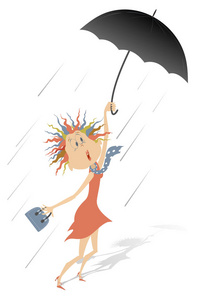 台风卡通大风雨和带伞插图的女人/带伞的卡通受惊的女人,带着花哨的