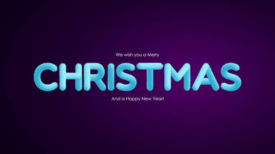 我们祝您圣诞快乐，新年快乐，淡蓝色字母，带有毛皮或锡纸文字效果，在深蓝色背景下为您的图形和网页设计。