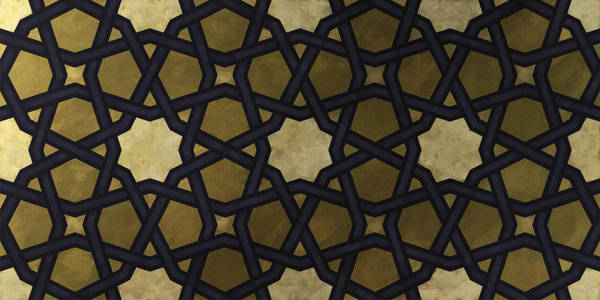 基于传统东方图形图案的背景设计。 具有金色艺术质感的伊斯兰装饰图案。 阿拉伯民族马赛克与交错线和几何瓷砖装饰。